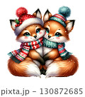 Two cute foxes wearing colorful winter hats and scarves, white isolate background 130872685