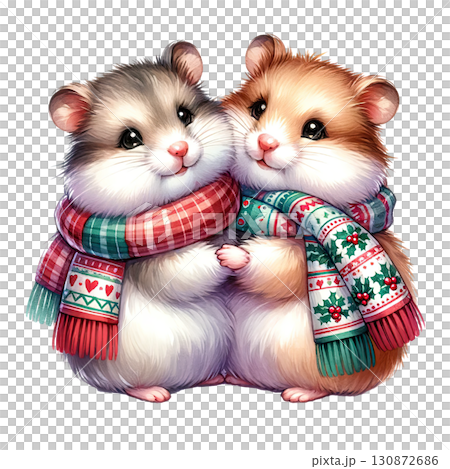 Two cute hamsters in scarves, white isolated background. 130872686