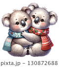 Two cute koalas wearing colorful scarves, white isolate background. 130872688