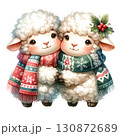 Two cute lambs wearing festive scarves, isolated on a white background. 130872689