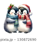 Two cute penguins wearing festive scarves, isolated on a white background. 130872690