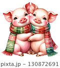 Two cute pigs wearing scarves, hugging in joyful display. 130872691