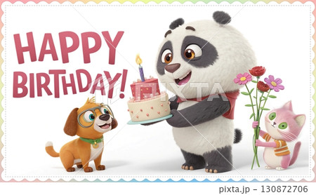 Birthday concept. Happy birthday! text. This vibrant image features a playful, big eyed, furry, and colorful panda holding a candlelit cake, a dog, and a cat holding a bouquet of flowers. Birthday concept. Happy birthday! text. This vibrant image features a playful, big eyed, furry, and colorful panda holding a candlelit cake, a dog, and a cat holding a bouquet of flowers. 130872706