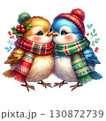 Two adorable birds in cozy scarves, surrounded by festive elements, white isolate background. 130872739