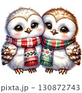 Two adorable owls in festive scarves against a white isolated background. 130872743
