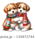Two adorable puppies wearing colorful scarves on a white isolated background. 130872744