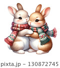 Two adorable rabbits hugging in colorful scarves, white isolated background. 130872745