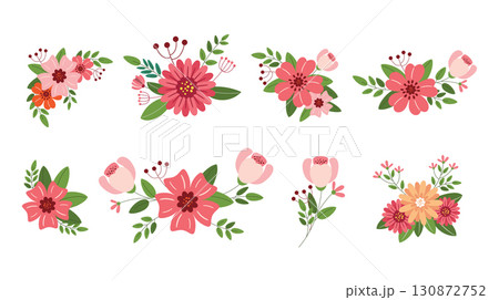 Floral bouquet vector set with pink blossoms and leaves Floral bouquet vector set with pink blossoms and leaves 130872752