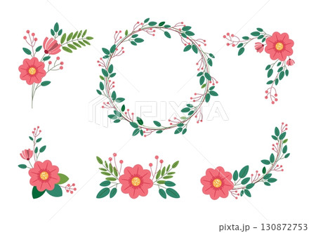 Floral bouquet vector set with pink blossoms and leaves Floral bouquet vector set with pink blossoms and leaves 130872753
