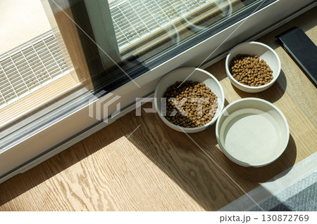 Dry cat food in bowls sitting by a bright window Dry cat food in bowls sitting by a bright window 130872769