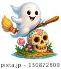 Cute ghost flying broomstick over colorful decorated skull with 130872809