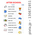 After school routine checklist template. Printable chart for kids after classes. Daily tasks for children, chores to do list, time organizer. Colorful doodle illustrations, funny clipart 130872851