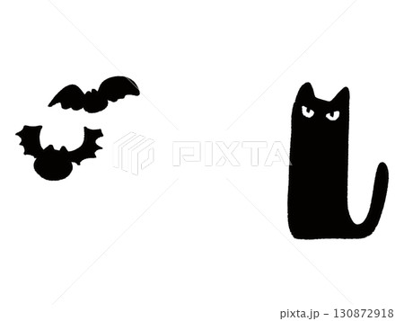 黒猫と蝙蝠の白黒イラスト 130872918