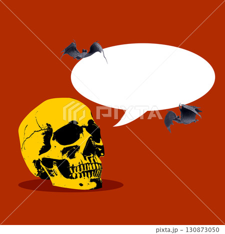Human skull head with an empty or blank speech bubble and flying bats on a colored background. Copy space. Collage art of Halloween 130873050