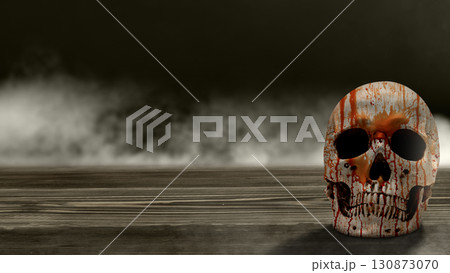 Human skull head with blood dripping down its surface on the wooden table. The human skull, devil, evil, or zombie head. Scene of a dark and shrouded in mist. Copy space. Halloween concept Human skull head with blood dripping down its surface on the wooden table. The human skull, devil, evil, or zombie head. Scene of a dark and shrouded in mist. Copy space. Halloween concept 130873070