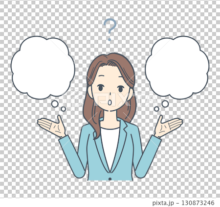 Illustration of a man and woman wearing jackets thinking with a question mark Illustration of a man and woman wearing jackets thinking with a question mark 130873246