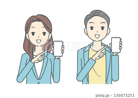 スマートフォンを指して見せるジャケットを着た男性と女性のイラスト 130873251