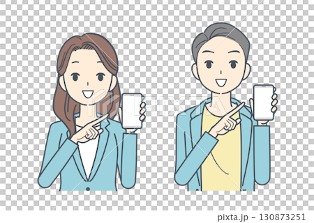 Illustration of a man and woman wearing jackets pointing at a smartphone 130873251