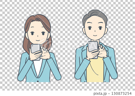 一名男子和一名女子身穿夾克,正在操作智慧型手機的插圖 一名男子和一名女子身穿夾克,正在操作智慧型手機的插圖 130873254