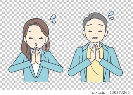 一名身穿夾克的男子和一名女子雙手合十道歉的插圖 130873260