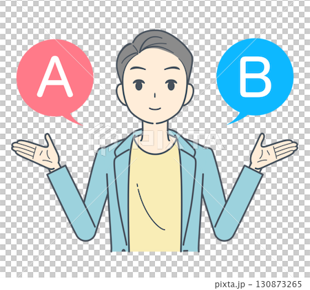 Illustration of a man wearing a jacket choosing between options A and B 130873265