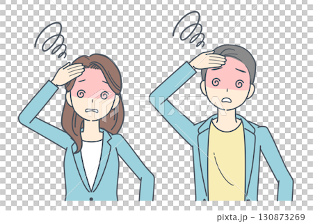 混乱し目が回るジャケットを着た男性と女性のイラスト 130873269
