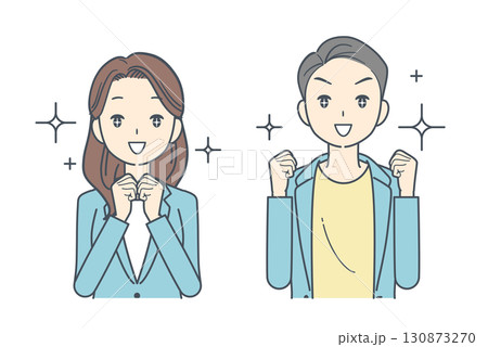 目を輝かせて興奮したジャケットを着た男性と女性のイラスト 130873270