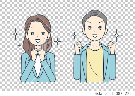 目を輝かせて興奮したジャケットを着た男性と女性のイラスト 130873270