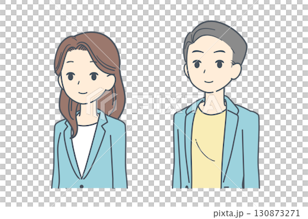 Illustration of a man and woman wearing a jacket, diagonal 130873271