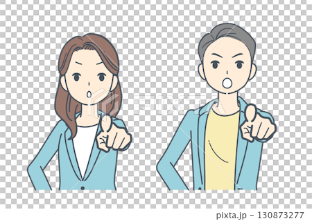 圖:一男一女身穿夾克,面帶嚴肅表情,指向前方 圖:一男一女身穿夾克,面帶嚴肅表情,指向前方 130873277