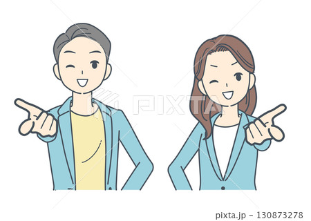 笑顔で前を指さすジャケットを着た男性と女性のイラスト 130873278