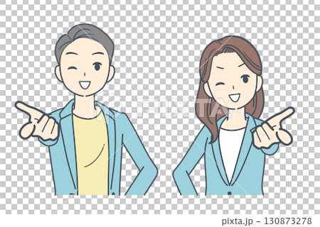 笑顔で前を指さすジャケットを着た男性と女性のイラスト 130873278