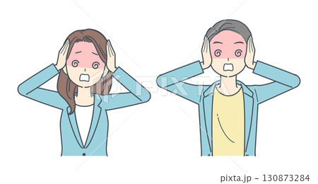 頭を抱えて混乱するジャケットを着た男性と女性のイラスト 130873284