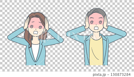 頭を抱えて混乱するジャケットを着た男性と女性のイラスト 130873284