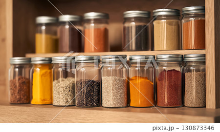 Assorted spices and seeds in glass jars with metal lids arranged on wooden kitchen shelf. Colorful and organized storage. 130873346