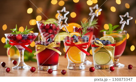 Christmas holiday cocktails with berries, citrus fruits and herbs, decorated with festive bows and star-shaped stirrers on blurred lights background 130873347