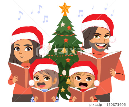 Happy Family Singing Carols On Christmas Cartoon Vector Illustration Happy Family Singing Carols On Christmas Cartoon Vector Illustration 130873406