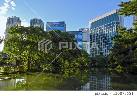 浜離宮恩賜庭園の潮入の池と汐留の高層ビル群、水面に映る都会のオアシスと近代建築の対比 130873551