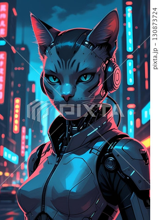 未来都市に立つサイバーな猫獣人・trpgキャラクターポートレートイラスト 130873724