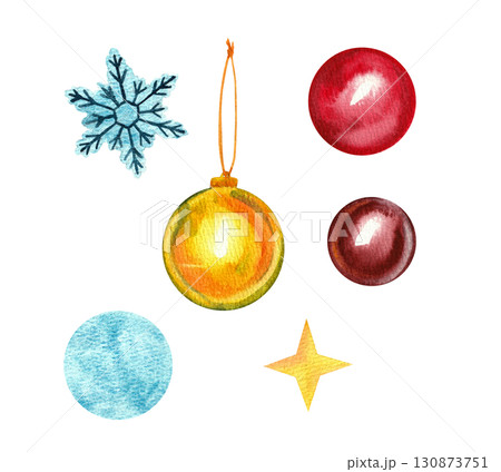 A set of watercolor New Year's toys and elements for festive and New Year's design of printed products A set of watercolor New Year's toys and elements for festive and New Year's design of printed products 130873751