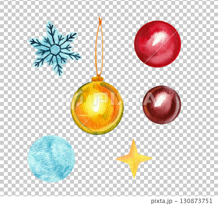 A set of watercolor New Year's toys and elements for festive and New Year's design of printed products A set of watercolor New Year's toys and elements for festive and New Year's design of printed products 130873751