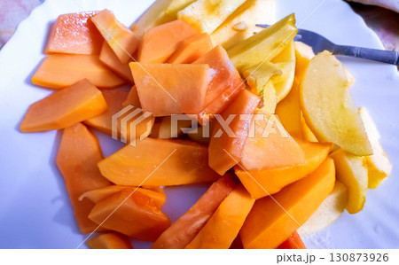 Freshly Cut Ripe Papaya Slices on a Plate 130873926
