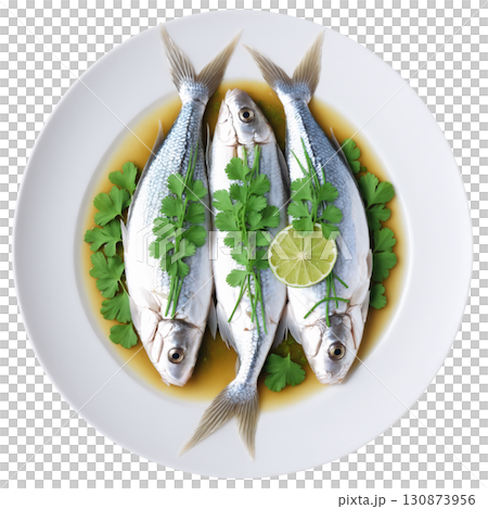 Pla Nueng Manao - Steamed fish with lime, garlic, and chili, often garnished with cilantro. The white, flaky fish, combined Pla Nueng Manao - Steamed fish with lime, garlic, and chili, often garnished with cilantro. The white, flaky fish, combined 130873956