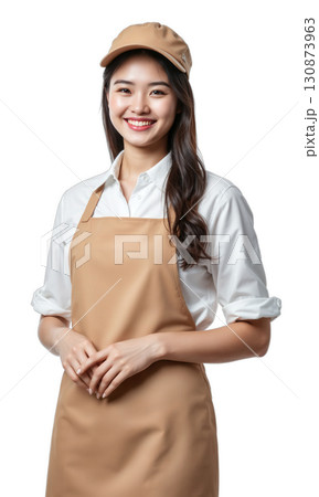 Baking Team Branding Cheerful girl in bakery uniform with apron and hat, hands clasped in front, smiling brightly, perfect studio 130873963