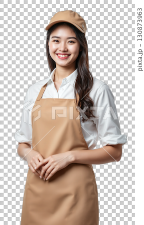 Baking Team Branding Cheerful girl in bakery uniform with apron and hat, hands clasped in front, smiling brightly, perfect studio 130873963