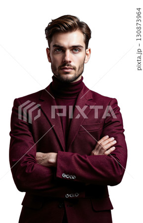 A white male executive in deep burgundy, arms crossed, surrounded by geometric shapes representing the digital world and his mastery 130873964