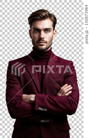 A white male executive in deep burgundy, arms crossed, surrounded by geometric shapes representing the digital world and his mastery 130873964
