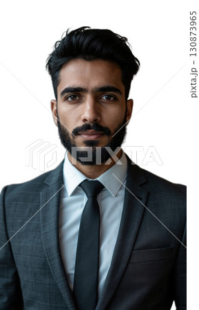 A South Asian male entrepreneur in a dark grey suit, exuding quiet confidence as financial projections and global business data 130873965