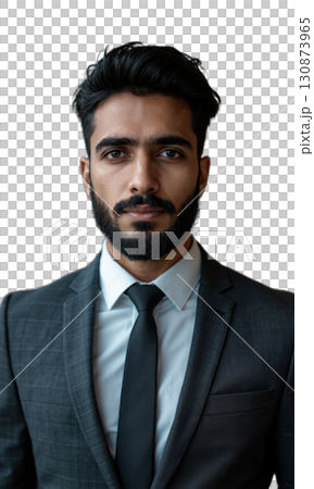 A South Asian male entrepreneur in a dark grey suit, exuding quiet confidence as financial projections and global business data 130873965