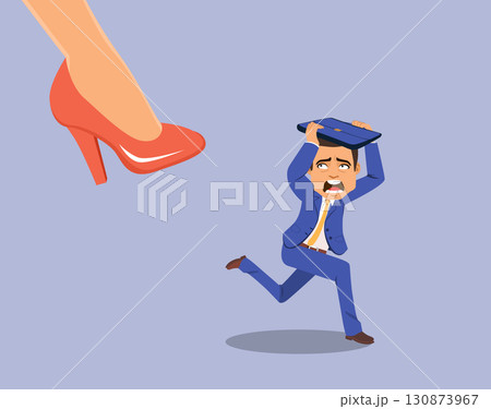 Cartoon Vector Illustration Of Businessman Running From Big Woman Shoe 130873967